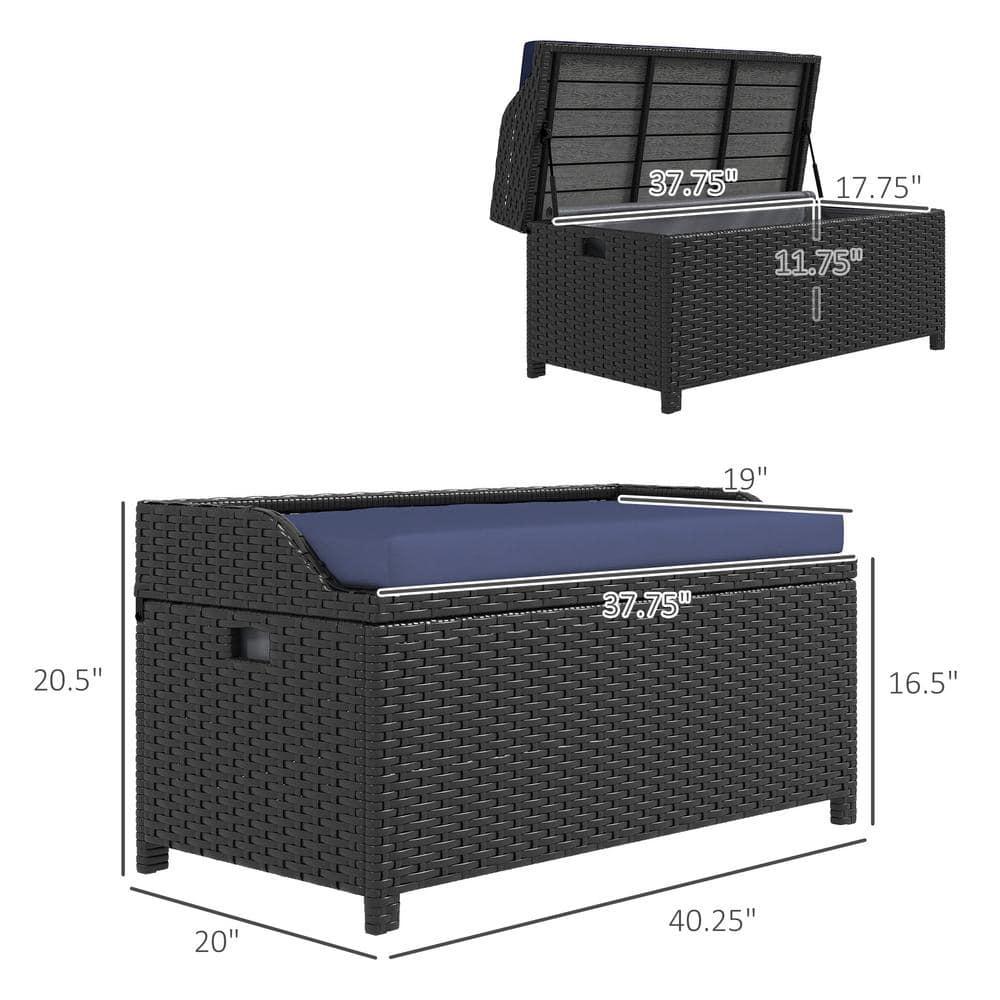 Outsunny Storage Bench Rattan Wicker Garden Deck Box Bin with Interior Waterproof Bag and Comfy Cushion, Navy Blue