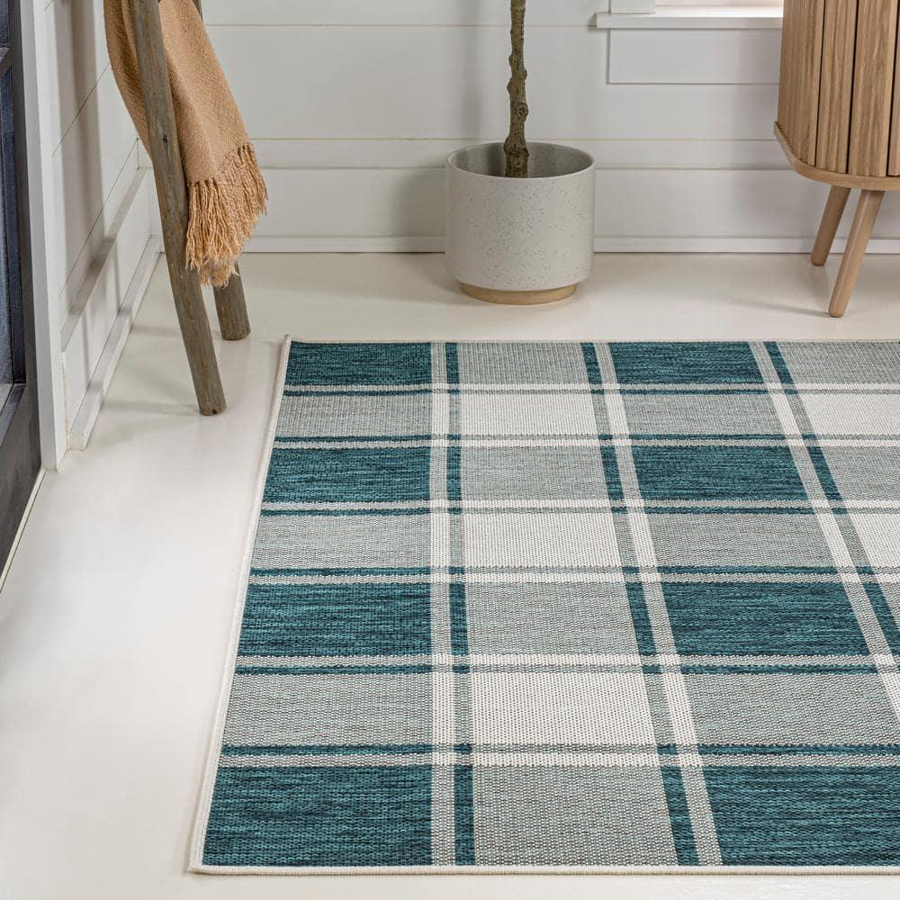 Sabine Traditional Farmhouse Bold Gingham Turquoise/Cream 8 ft. x 10 ft. Indoor/Outdoor Area Rug