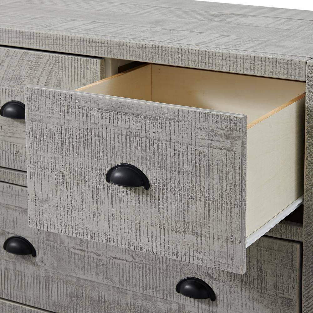 Arden 5-Piece King Bedroom Furniture Set w/ King-Sized Bed, 2x 2-Drawer Nightstands, 5-Drawer Chest & 6-Drawer Double Dresser, Solid Wood Set, Metal Bar Handles & Elegant Light Driftwood Finish