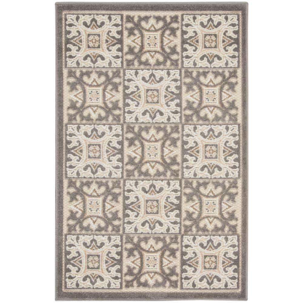Nourison Aloha Modern Mosaic Flatweave High-Low Indoor Outdoor Area Rug Ivory Grey 2'8" x 4'
