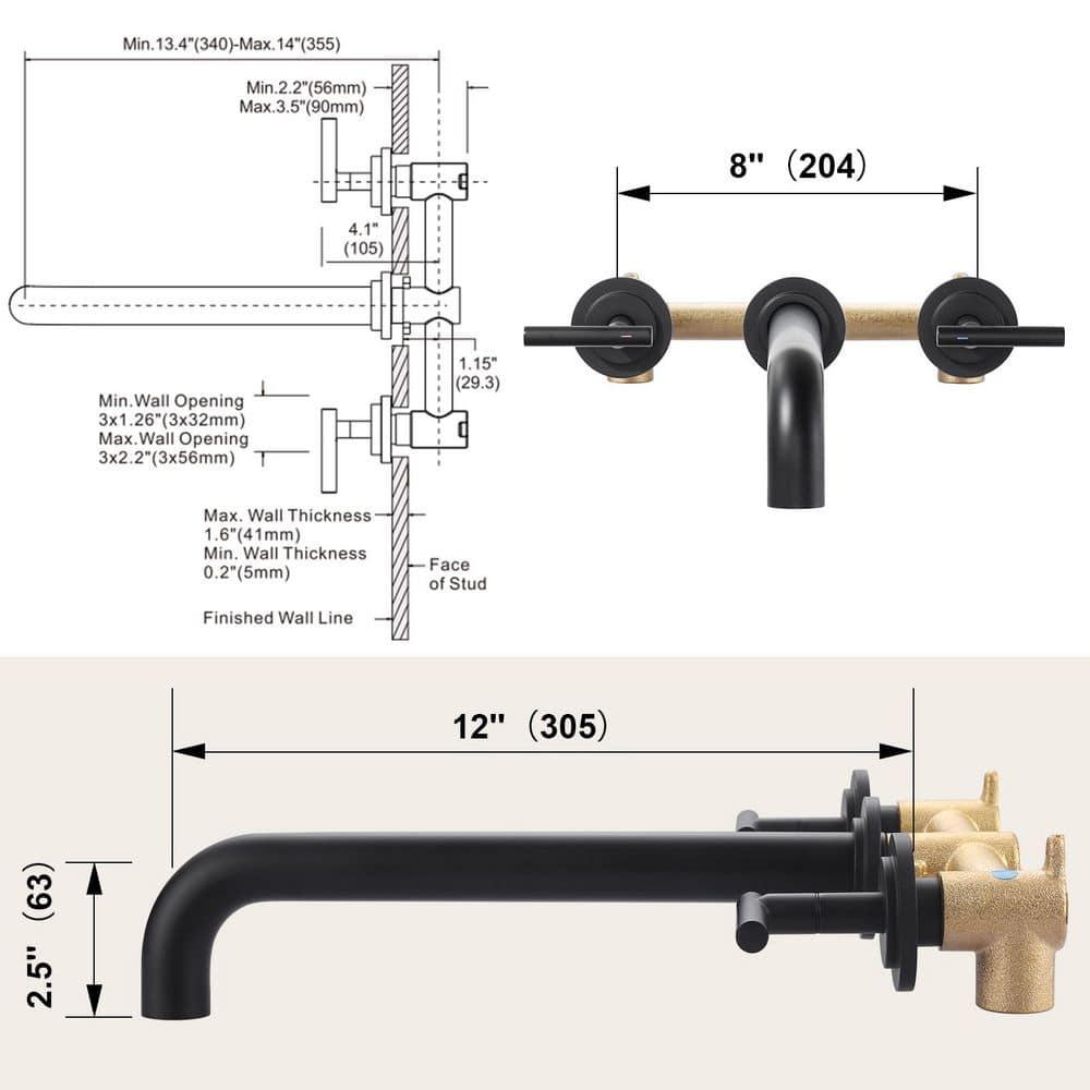 2-Handle 3-Hole Wall Mounted Roman Tub Faucet With 360° Swivel Spout