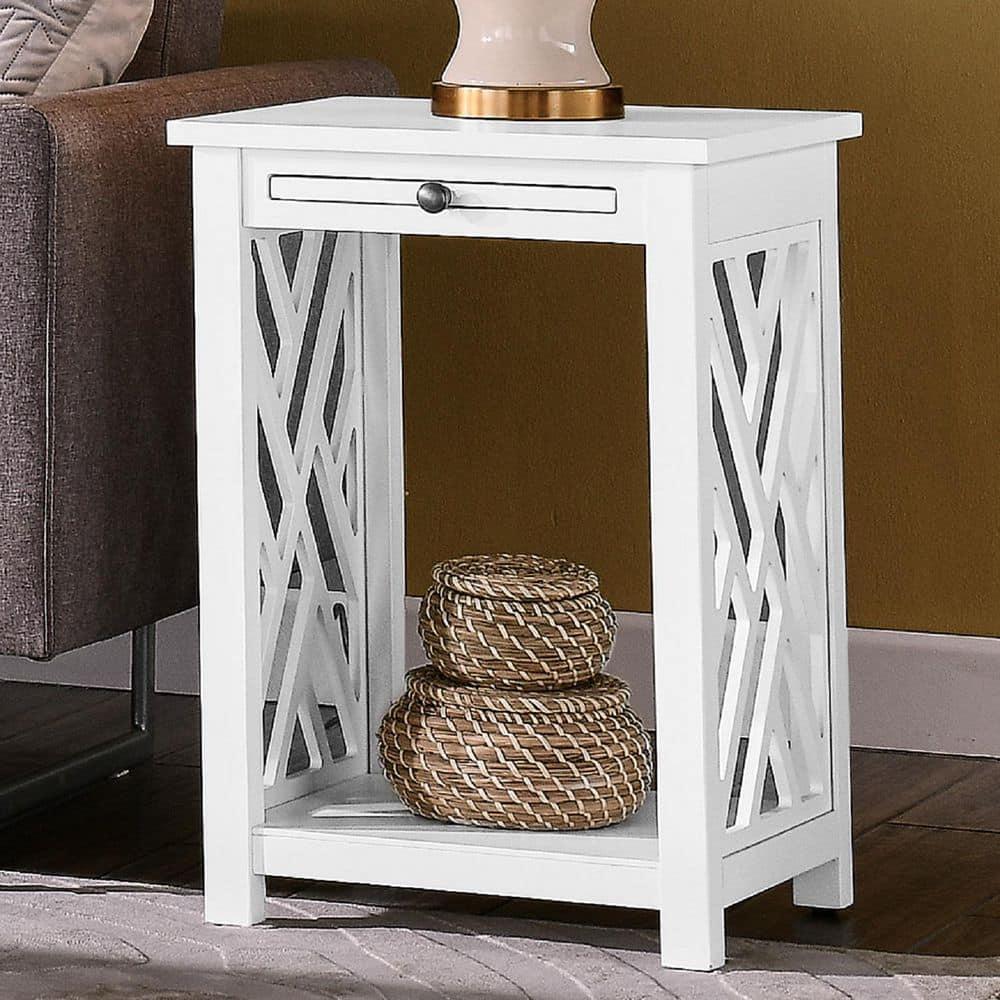 Alaterre Furniture Coventry Wood End Table with Tray and Bottom Shelf, Modern Accent Furniture, White