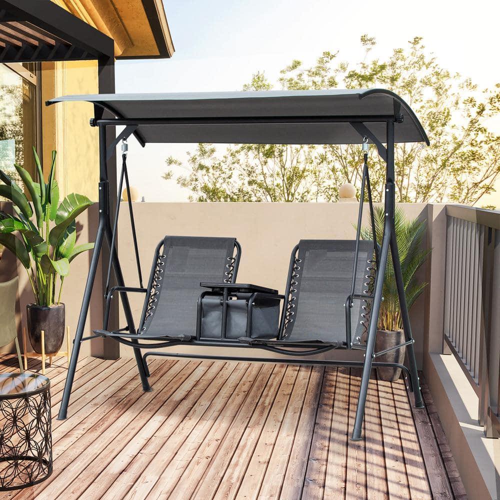 Arlmont & Co. Atay 2 Person Covered Porch Swing with Pivot Storage Table, Cup Holder, & Adjustable Overhead Canopy