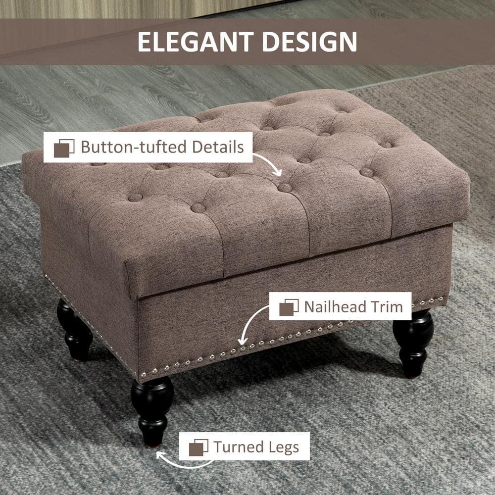 HOMCOM 25" Storage Ottoman with Removable Lid, Button-Tufted Fabric Bench for Footrest and Seat with Wood Legs, Coffee