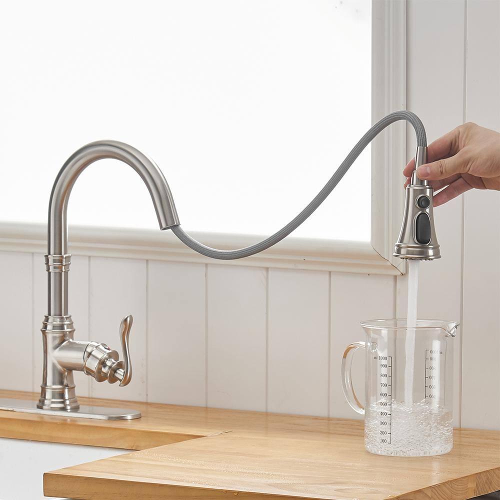 Kitchen Sink Faucet Brushed Nickel with Pull Down Sprayer 3 Mode Faucet for Kitchen Sink Single Handle High Arc Commercial Stainless Steel Pull Out RV Kitchen Faucet Bar,Deck Plate Include