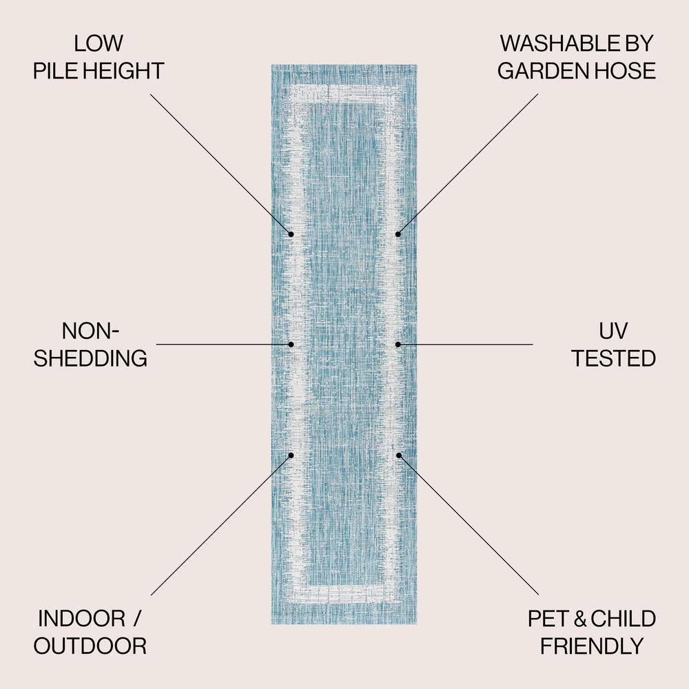 2'x10' Scandi Minimalist Border Indoor/Outdoor Runner Rug, Aqua - JONATHAN Y