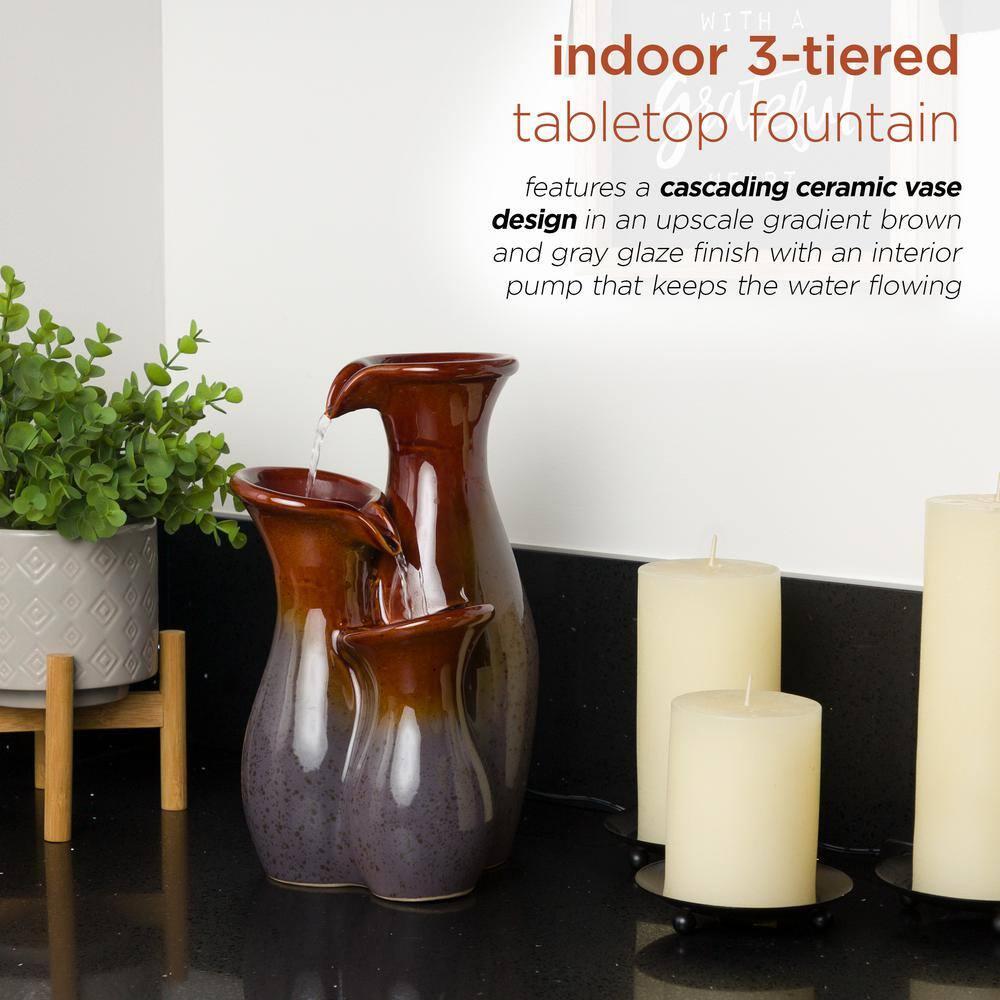 Alpine Corporation 11"H Indoor Tiered Glossy Ceramic Vase Tabletop Fountain, Brown/Gray
