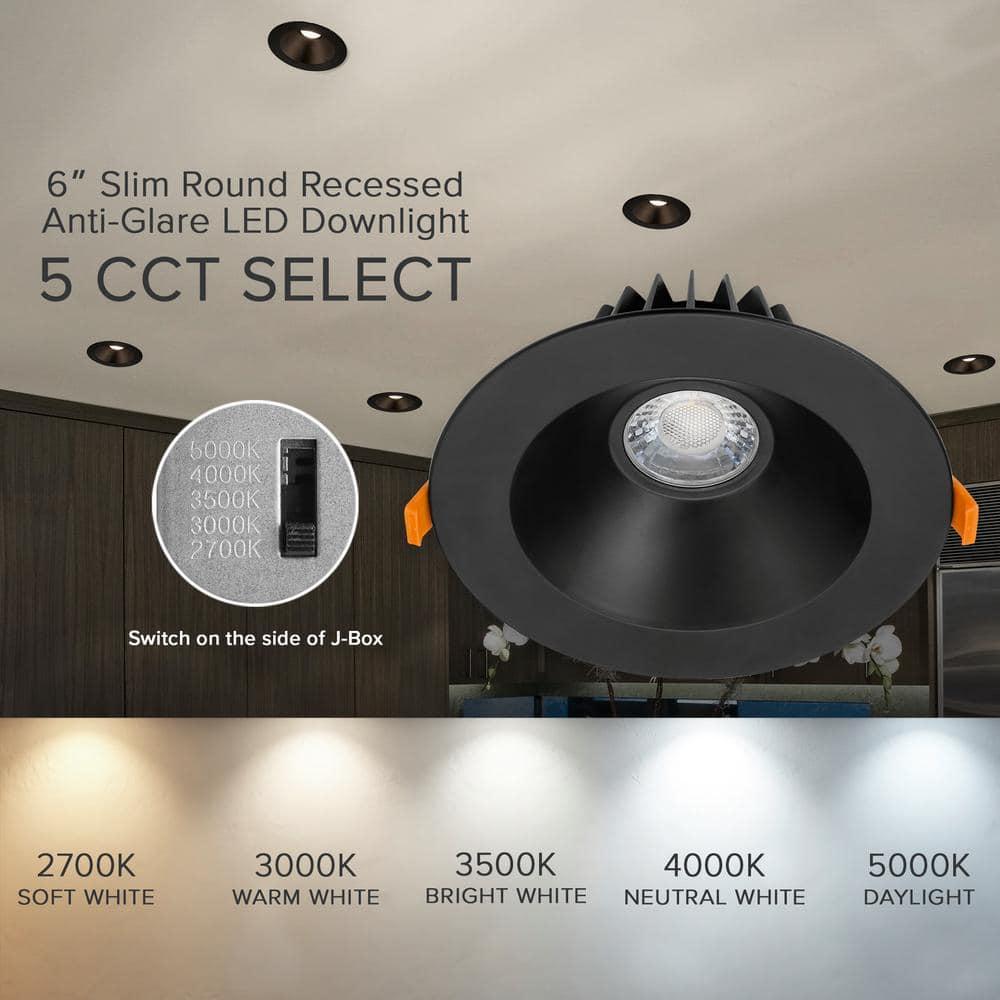 Maxxima 6” Ultra-Thin Recessed Anti-Glare LED Downlight, Canless IC Rated, 1200 Lumens, 5 Color Temperature Select 2700K/3000K/3500K/4000K/5000K, Dimmable, Black Trim, 90 CRI, 5CCT Slim J-Box Included