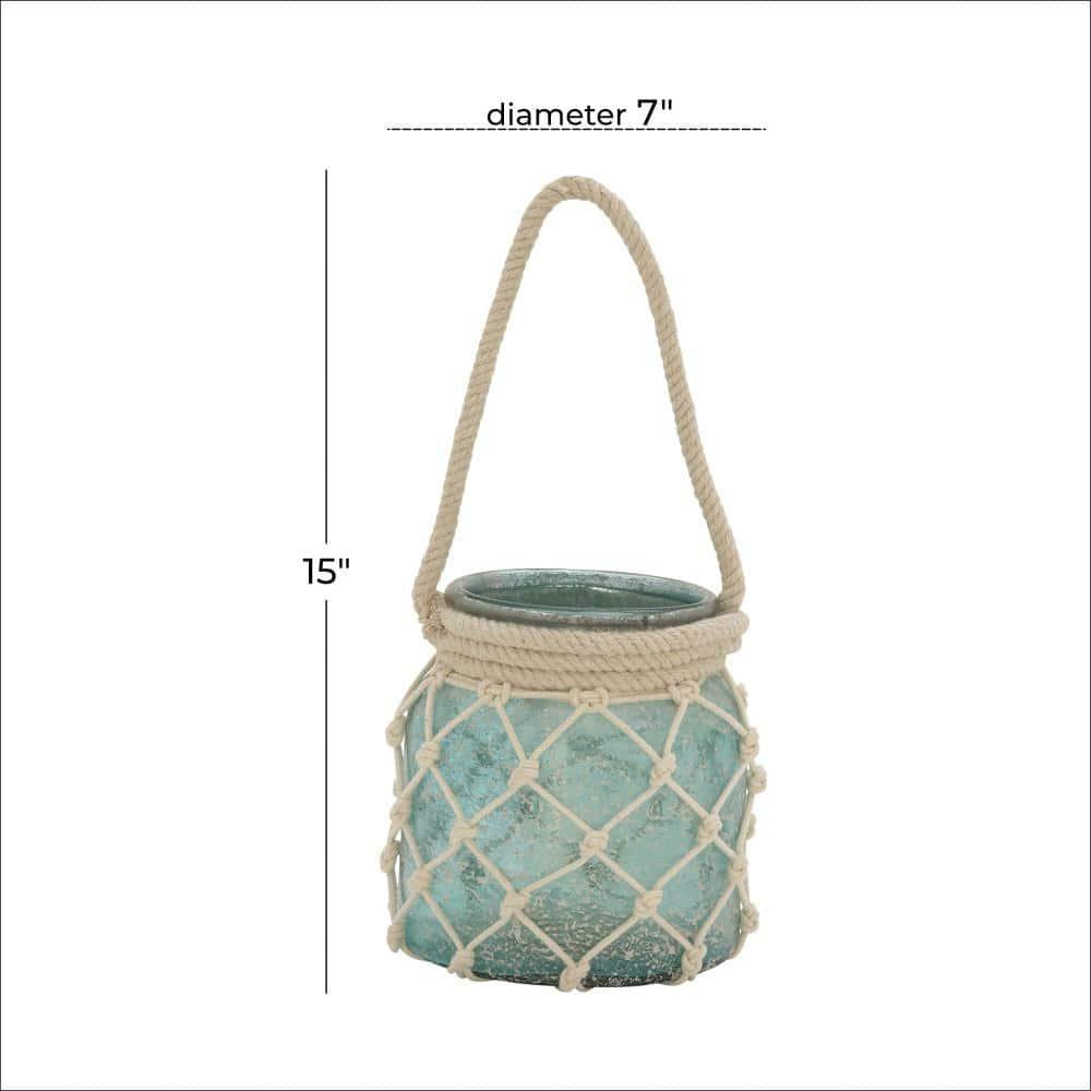 DecMode Blue Glass Decorative Candle Lantern with Rope Handle