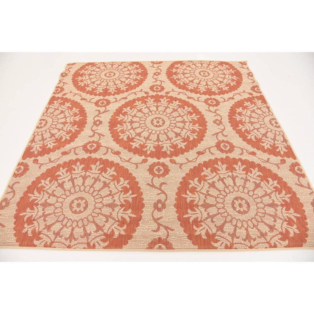 Unique Loom Alfombra de Área de Colección Botánica para Exteriores - Medallón (6' 1" Cuadrado Terracota/beige)