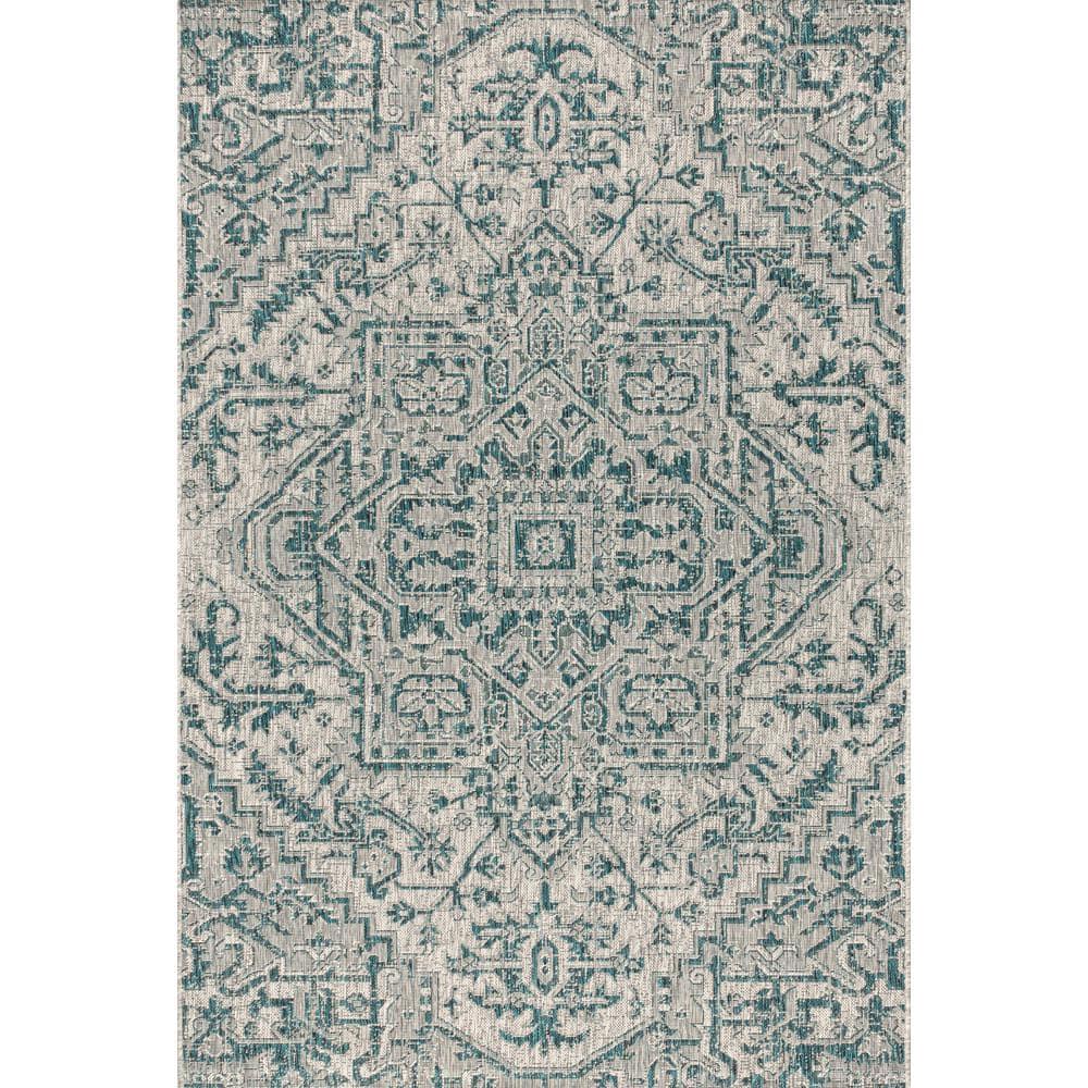 8'x10' Estrella Bohemian Medallion Textured Weave Indoor/Outdoor Area Rug, Teal/Gray - JONATHAN Y