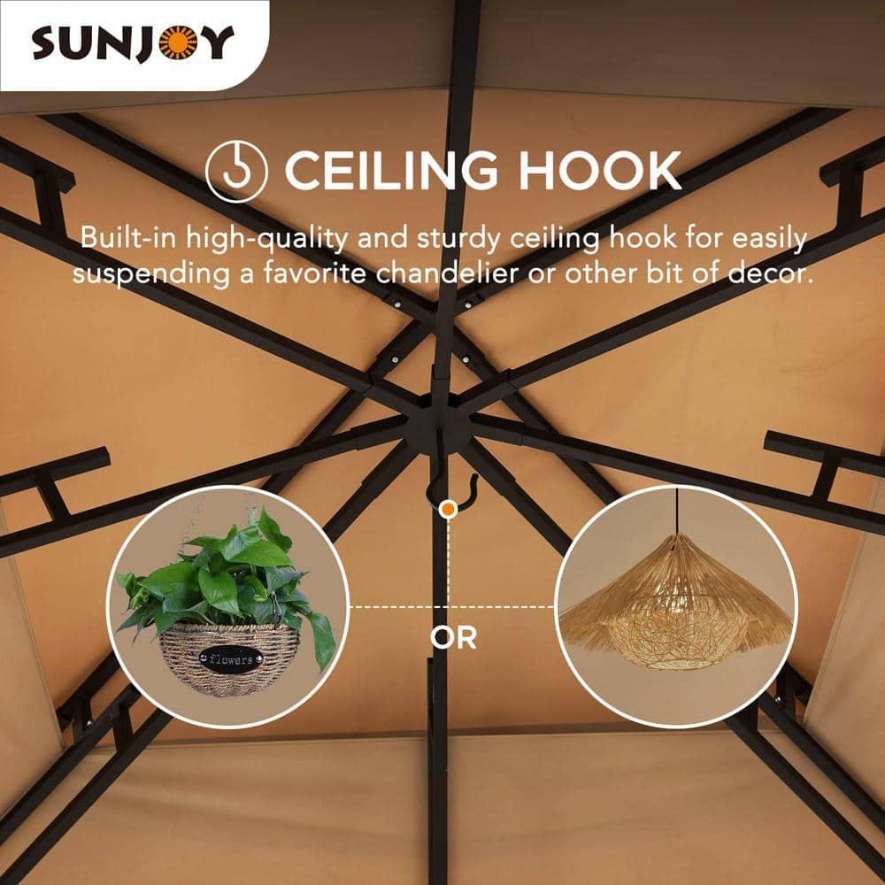 Sunjoy Outdoor Patio Brown Steel Frame 13 ft. x 13 ft. 3-Tier Soft Top Gazebo with Canopy, Mosquito Netting, and Curtains for Backyard Activities