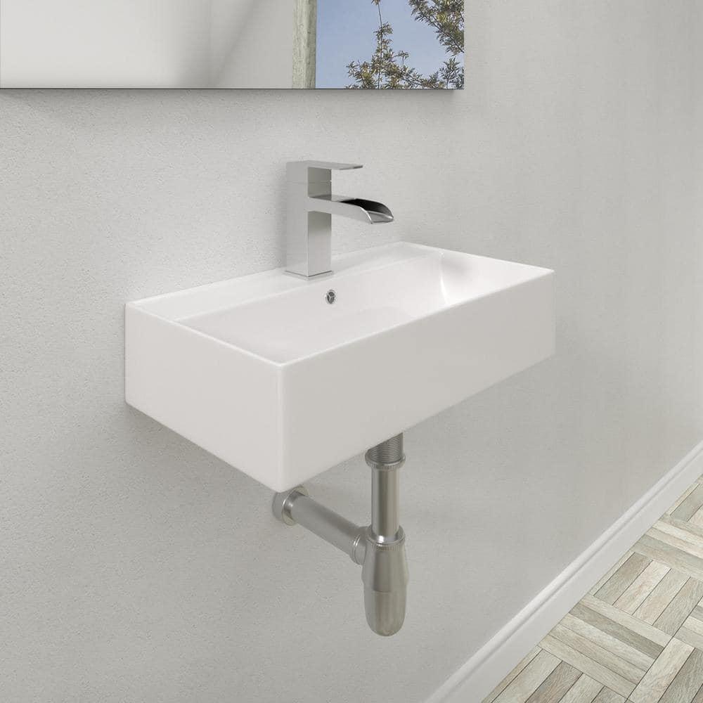 Logmey 21" L x 12" W Wall Mounted Bathroom Sink Wall Hung White Ceramic Sink with Overflow and Faucet Hole S0LM21GP12