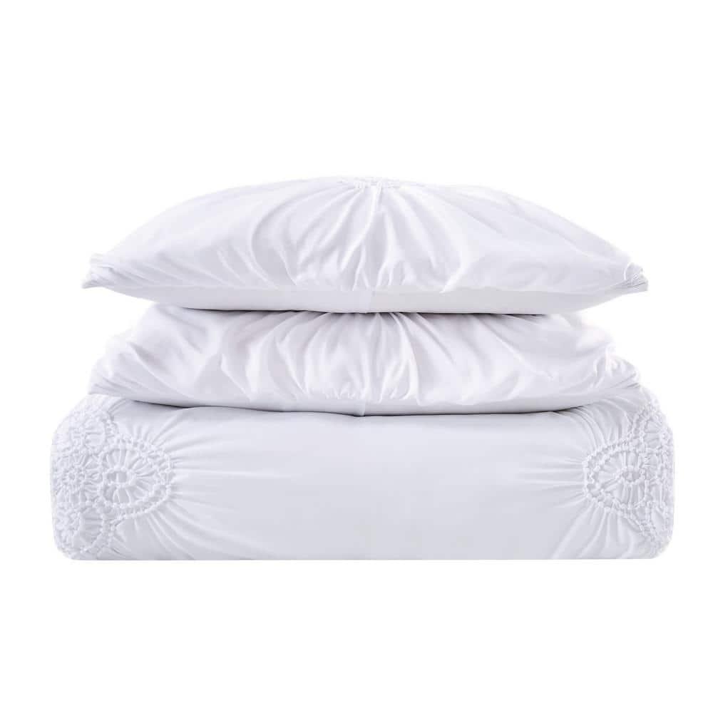 White Microfiber King Ruffled Duvet Cover Set with Shams