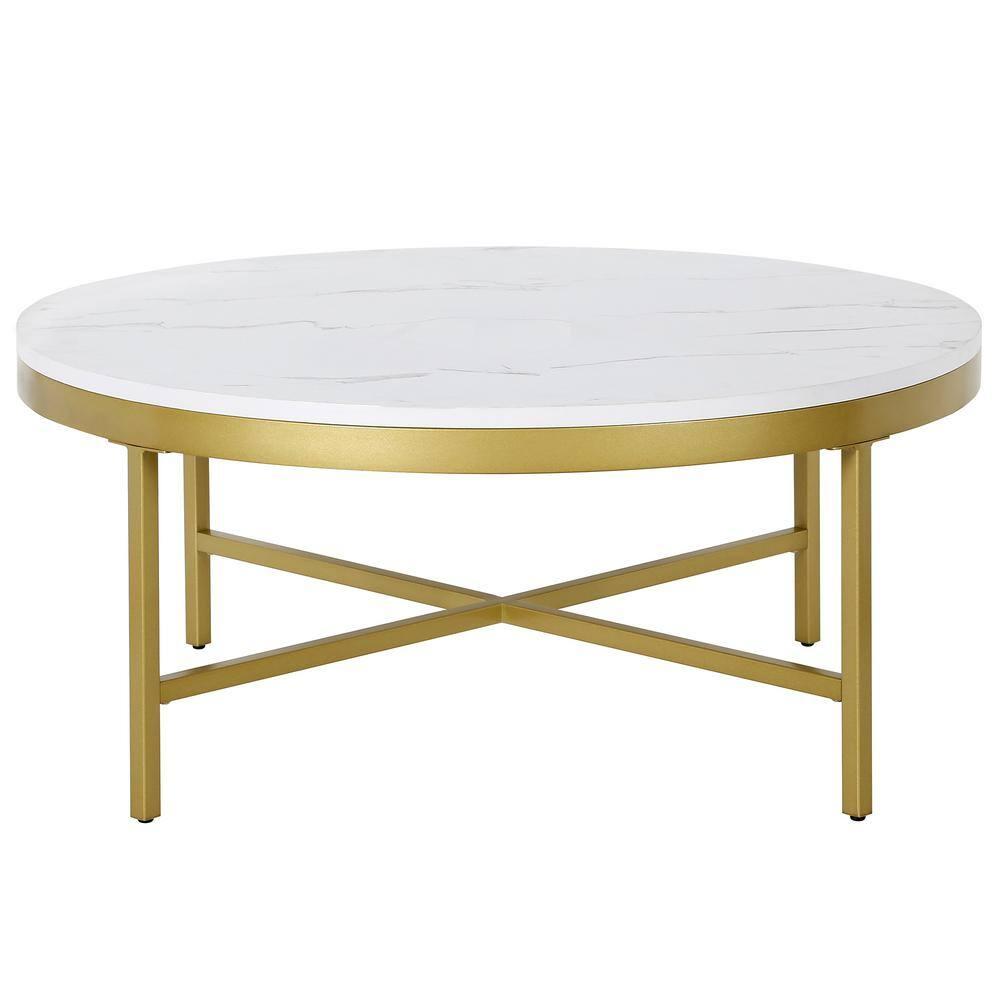 Henn&Hart Brass Finish Coffee Table with Faux Marble Top