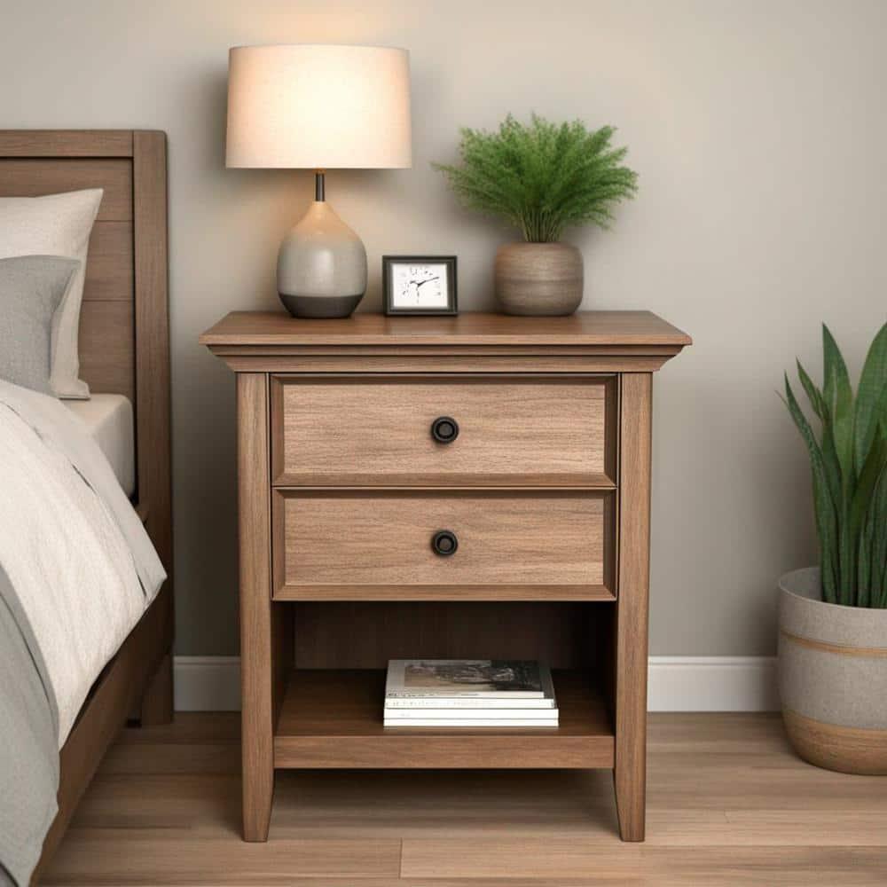 Simpli Home Amherst 24"W 2-Drawer Solid Wood Nightstand with Open Shelf