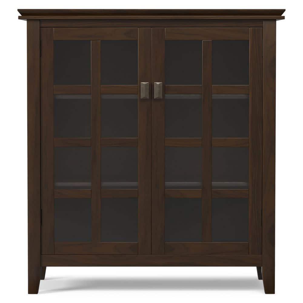 Simpli Home Artisan 38"W Solid Wood 4-Shelf Medium Storage Cabinet with Glass Doors and Adjustable Shelves