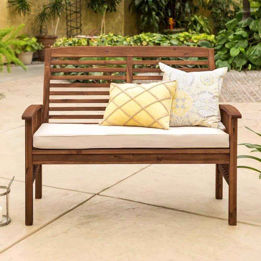 Walker Edison Rendezvous Modern Solid Acacia Wood Patio Loveseat with Cushions, 47 Inch, Dark Brown