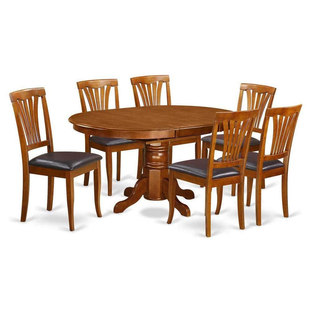 East West Furniture Avon 7-Piece Dining Set with Leather Seat in Saddle Brown