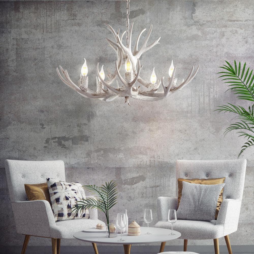 JONATHAN Y Eldora 30" Adjustable Resin Antler 5-Light LED Chandelier, White