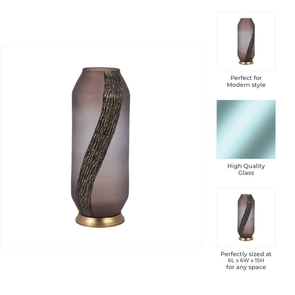 15 in. Pink Glass Cylinder Metallic Detail Decorative Vase