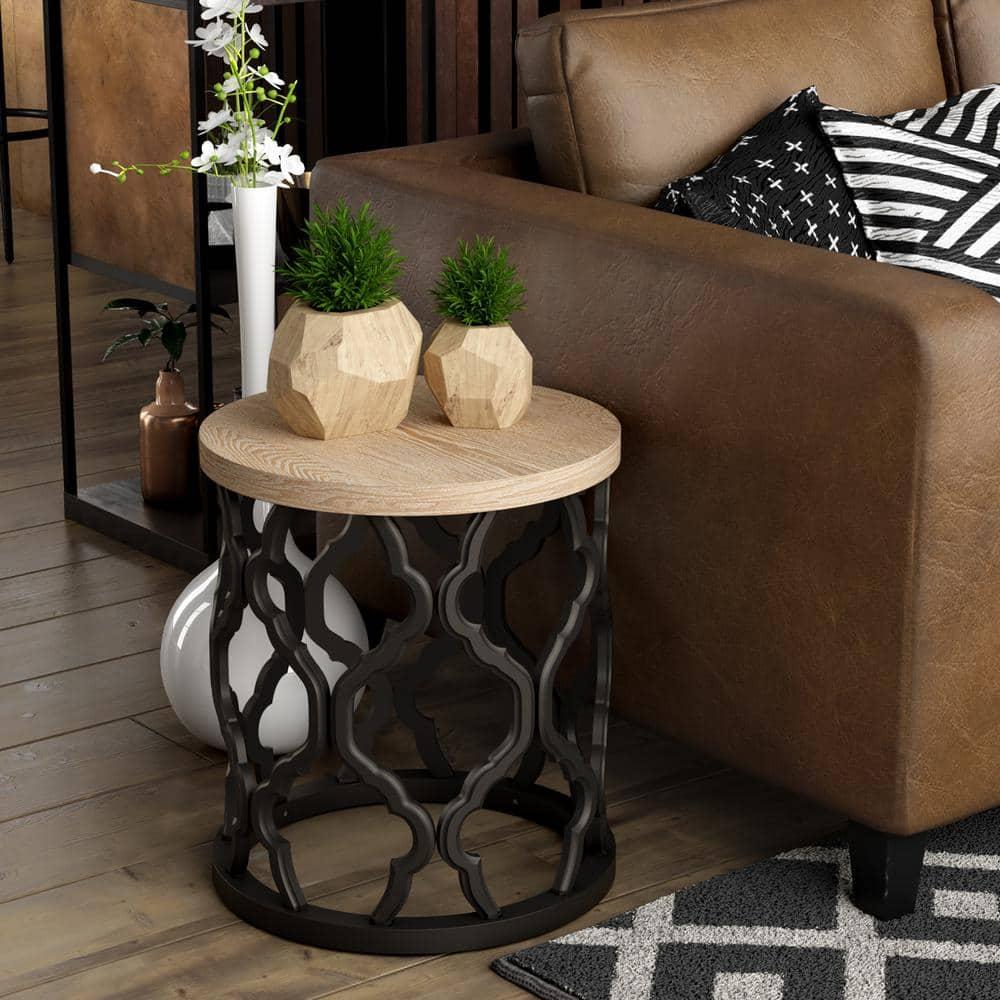 Farmhouse End Table, Distressed Wood Top Side Table with Curved Motif Frame Base for Modern, Rustic, Round, Black