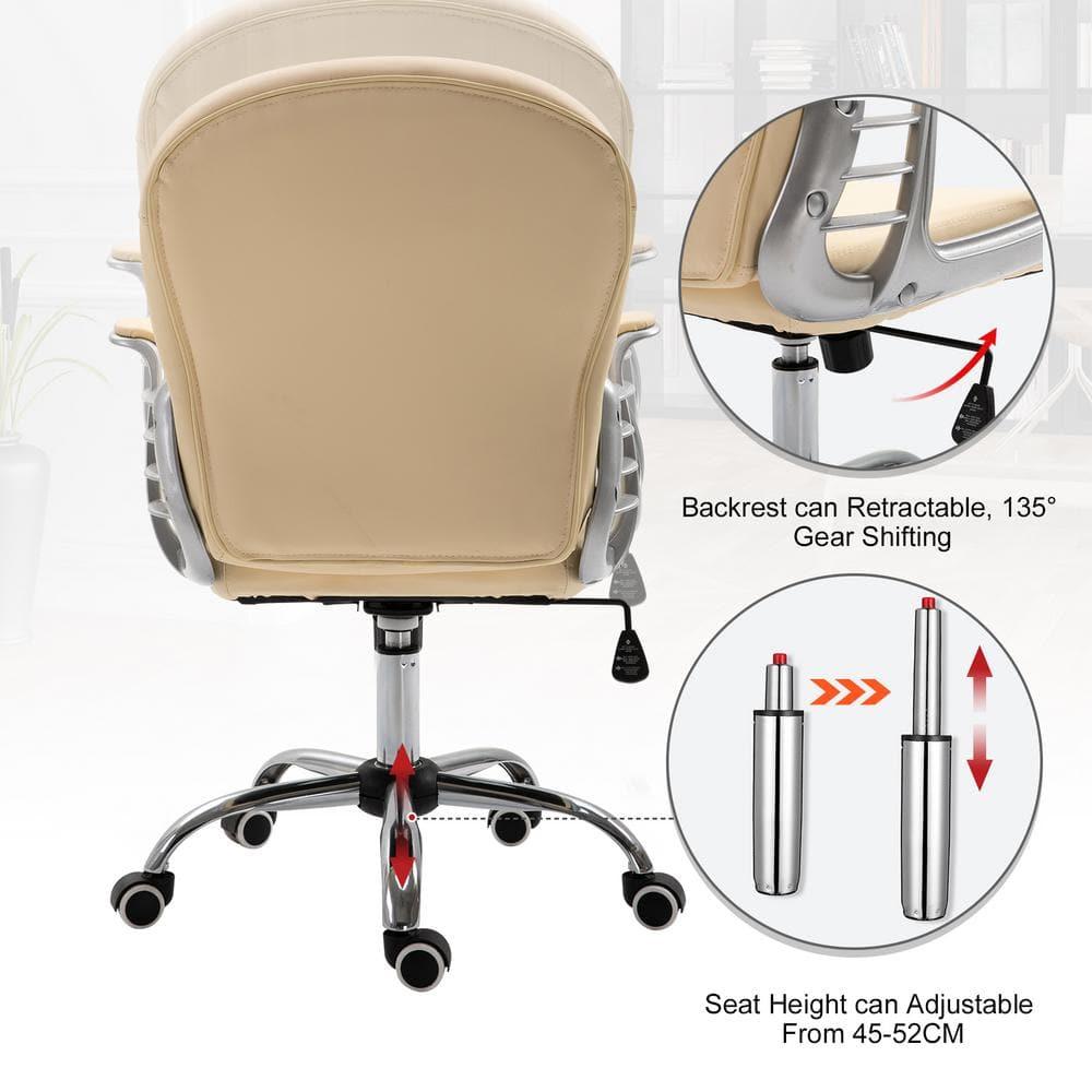 Vinsetto Vanity PU Leather Mid Back Office Chair Swivel Tufted Backrest Task Chair with Padded Armrests, Adjustable Height, Rolling Wheels, Beige