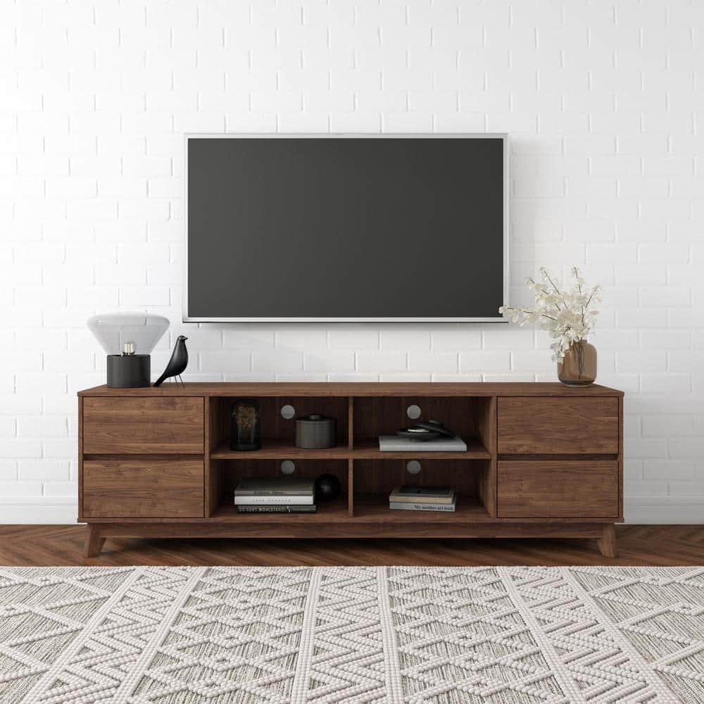 Hollywood Wood Grain TV Stand for TVs up to 85" with Drawers Brown - CorLiving: Mid-Century Modern Media Console