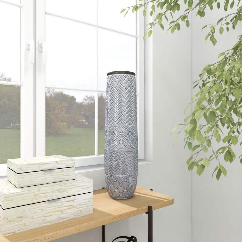 Bungalow Rose Ceramic Slim Engraved Patterned Decorative Gray Vase