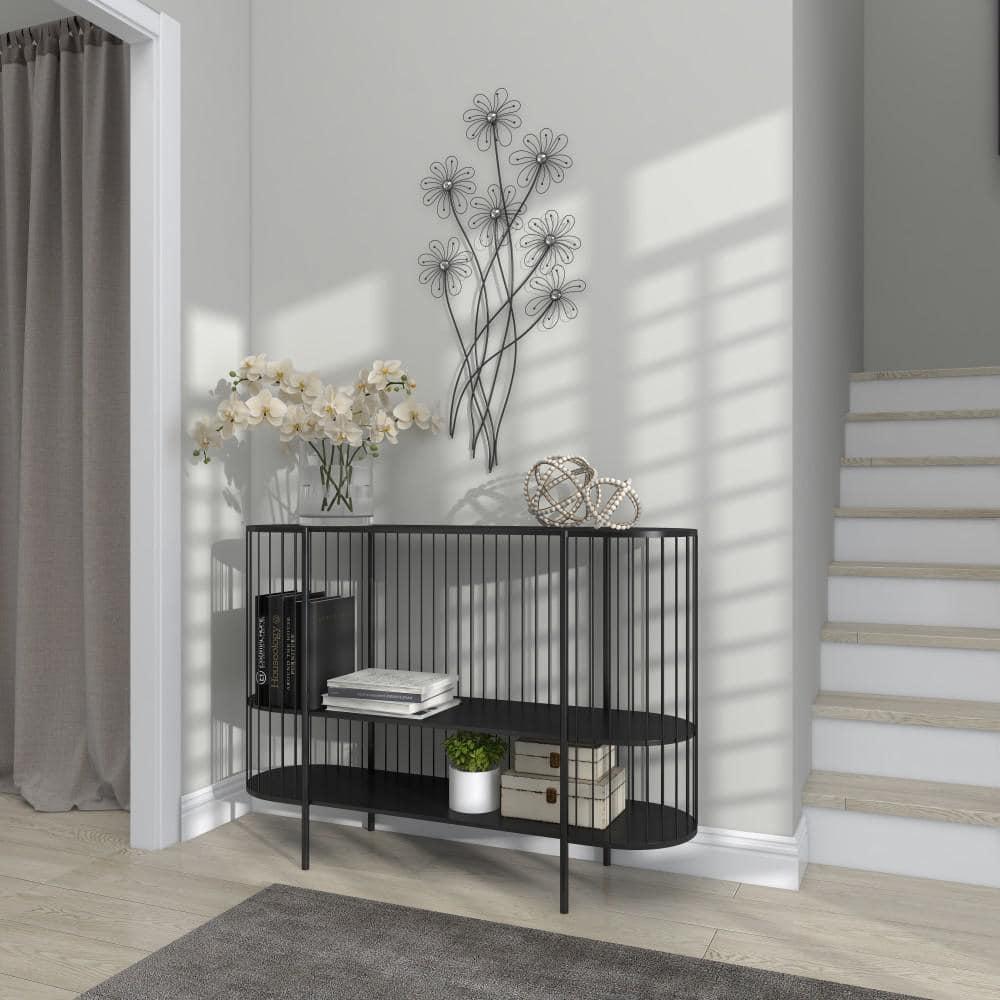 DecMode Black Metal 3D Wire Floral Wall Decor with Crystal Embellishments