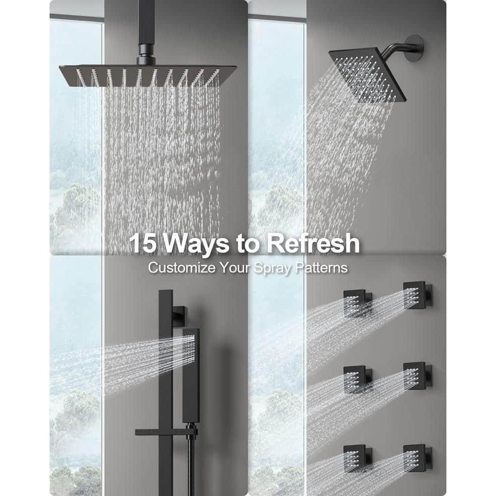 GRANDJOY 16 inch Complete Dual Shower Head System, Celling Mounted Shower Faucet Set with Hand Shower Head, Rough in-Valve, 6 Massage Body Jets - Matte Black
