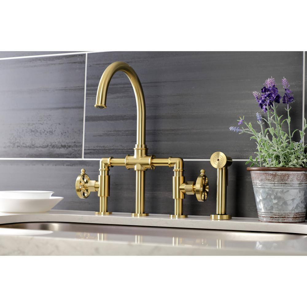 Kingston Brass Kingston Brass Two-Handle 4-Hole Deck Mount Industrial Style Bridge Kitchen Faucet with Brass Side Sprayer KS2333RX