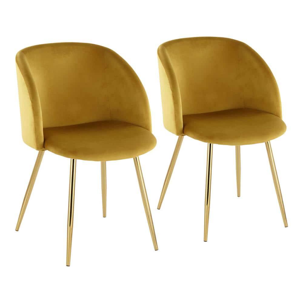 Set of 2 Fran Contemporary Dining Chairs Steel/Velvet Gold/Chartreuse - LumiSource: Padded Bucket Seat, Walnut Legs, Chrome-Plated Finish