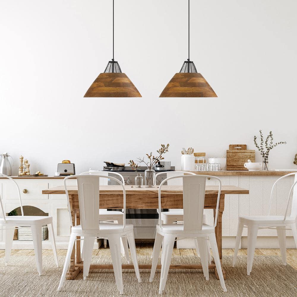 River of Goods 17.25" 1-Light Alainia Black Metal and Walnut-Stained Wood Pendant Light: Satin Finish, UL Listed, Adjustable Height
