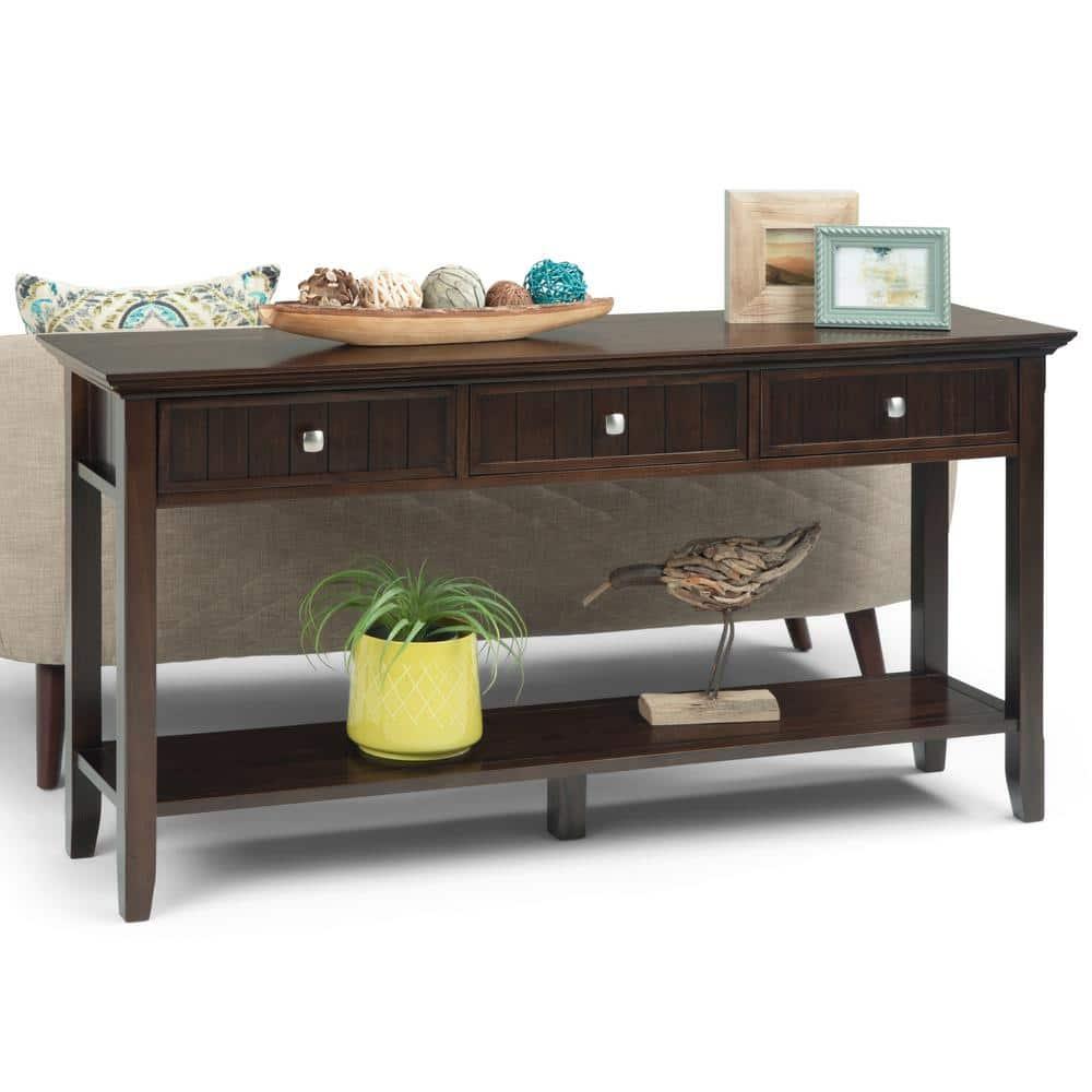 Simpli Home Acadian 60"W Solid Wood Wide Storage Console Table in Brunette Brown with Three Drawers and Open Shelf