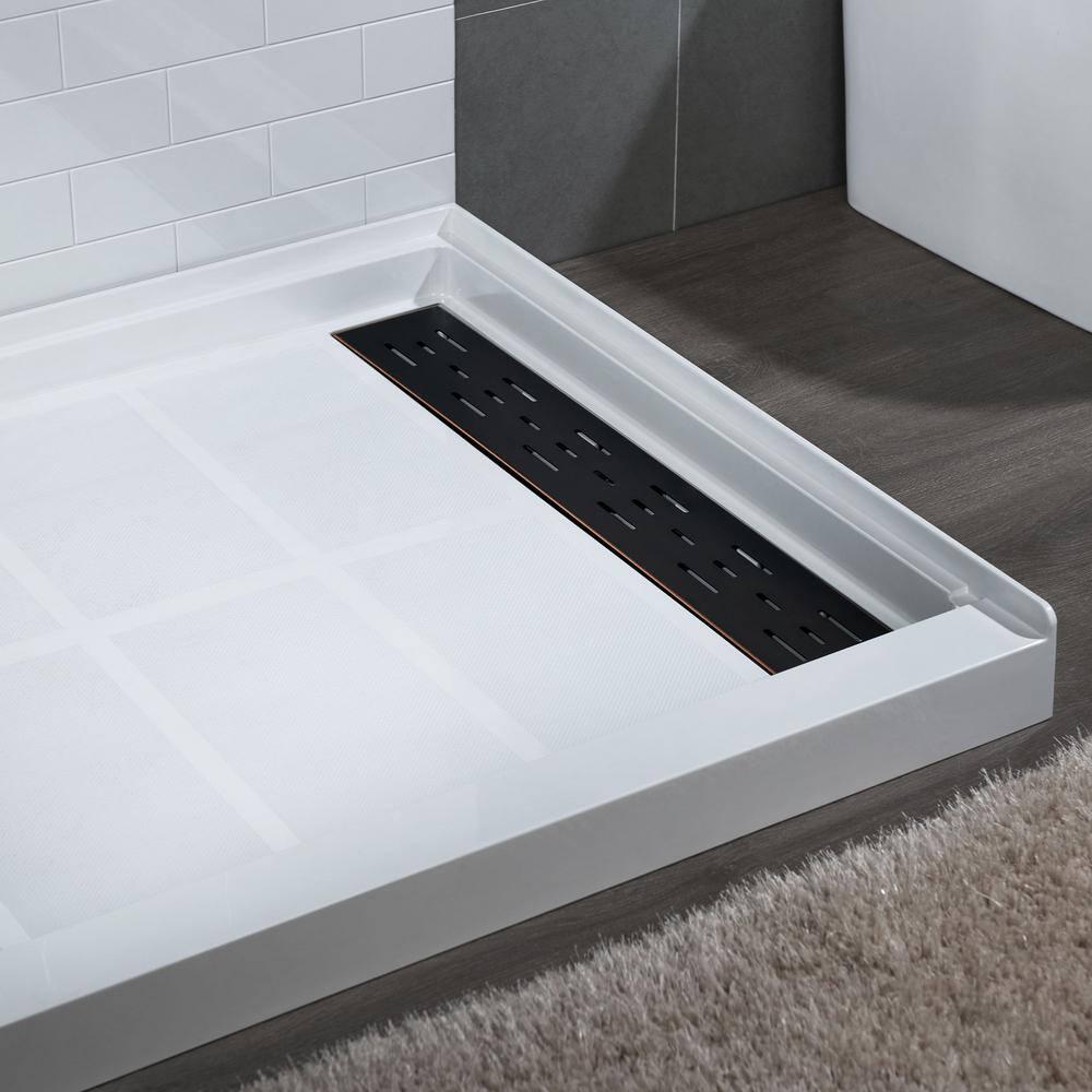 60" x 36" Solid Surface Single Threshold Shower Pan Base with Drain Assembly & Drain Cover Included, Non-Slip