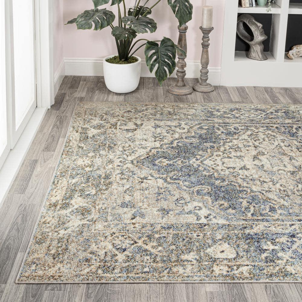 JONATHAN Y Pavel Distressed Medallion Low-Pile Machine-Washable Blue/Cream 4 ft. x 6 ft. Area Rug