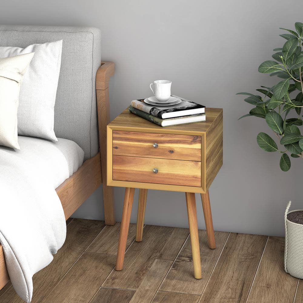 Tangkula Wooden Nightstand with 2 Storage Drawers Accent End Side Table for Bedroom&Living room Natural