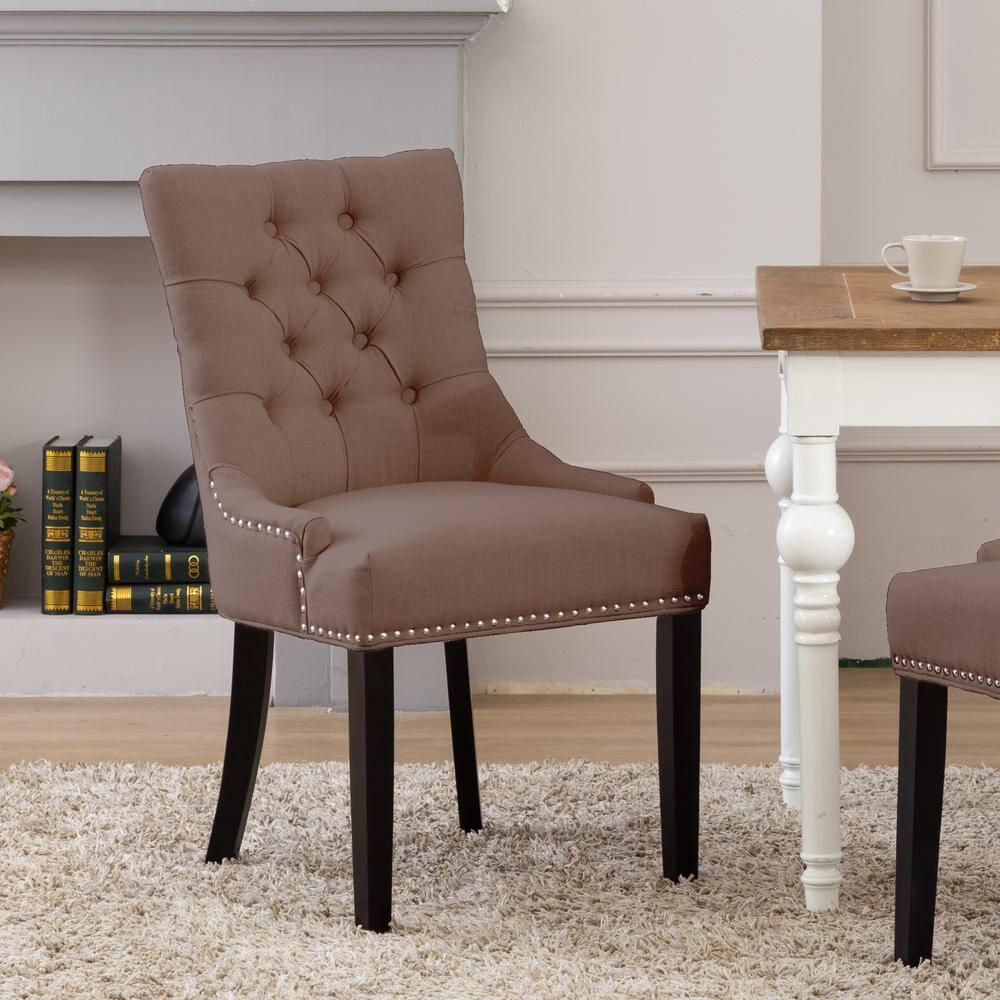 Polytrends Grandview Tufted Upholstered Linen Fabric Dining Chair Dining Chairs Brown Rubberwood,Acacia Tufted,Nailheads Farmhouse,Modern &