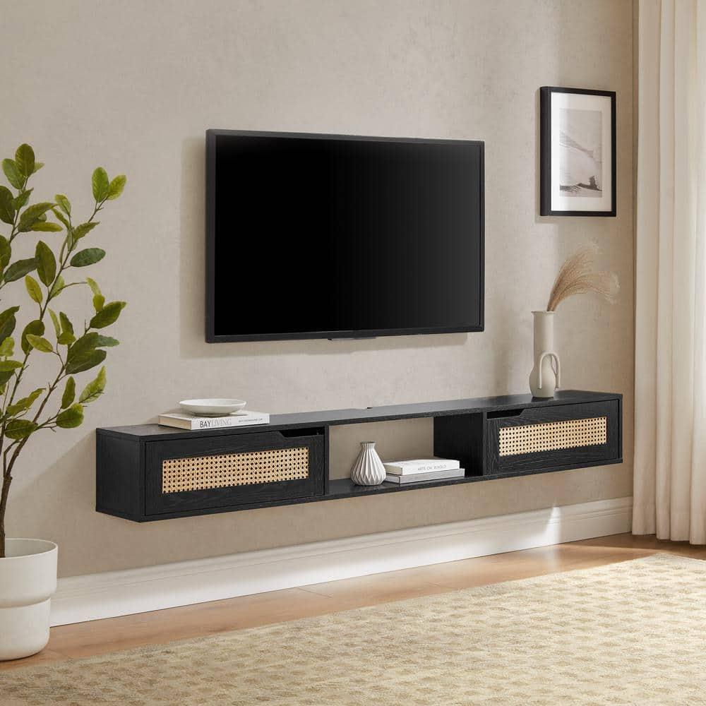 Walker Edison Modern Rattan-Door Floating TV stand for TVs up to 80”, Black