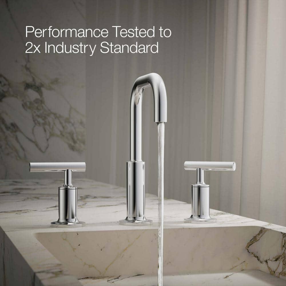 Purist® Widespread Faucet with Drain Assembly Low Lever Handles and Low Gooseneck Spout