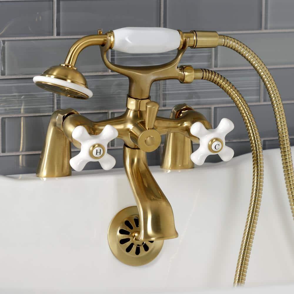 Kingston Brass Kingston Three-Handle 2-Hole Deck Mount Clawfoot Tub Faucet with Hand Shower