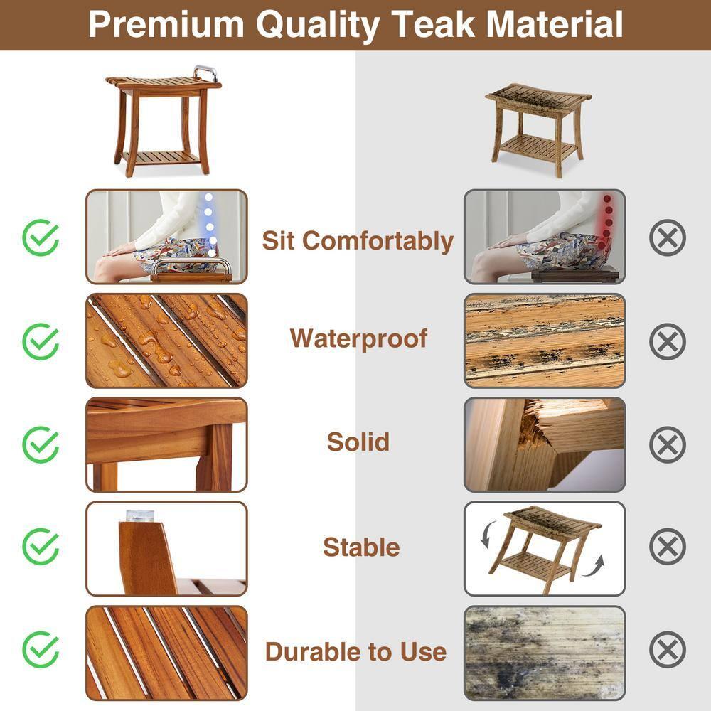 Utopia Alley 20'' Teak Shower Bench with Handle, Large Teak Shower Stool for Bathroom, Waterproof Bathroom Bench - Teak Shower Stool