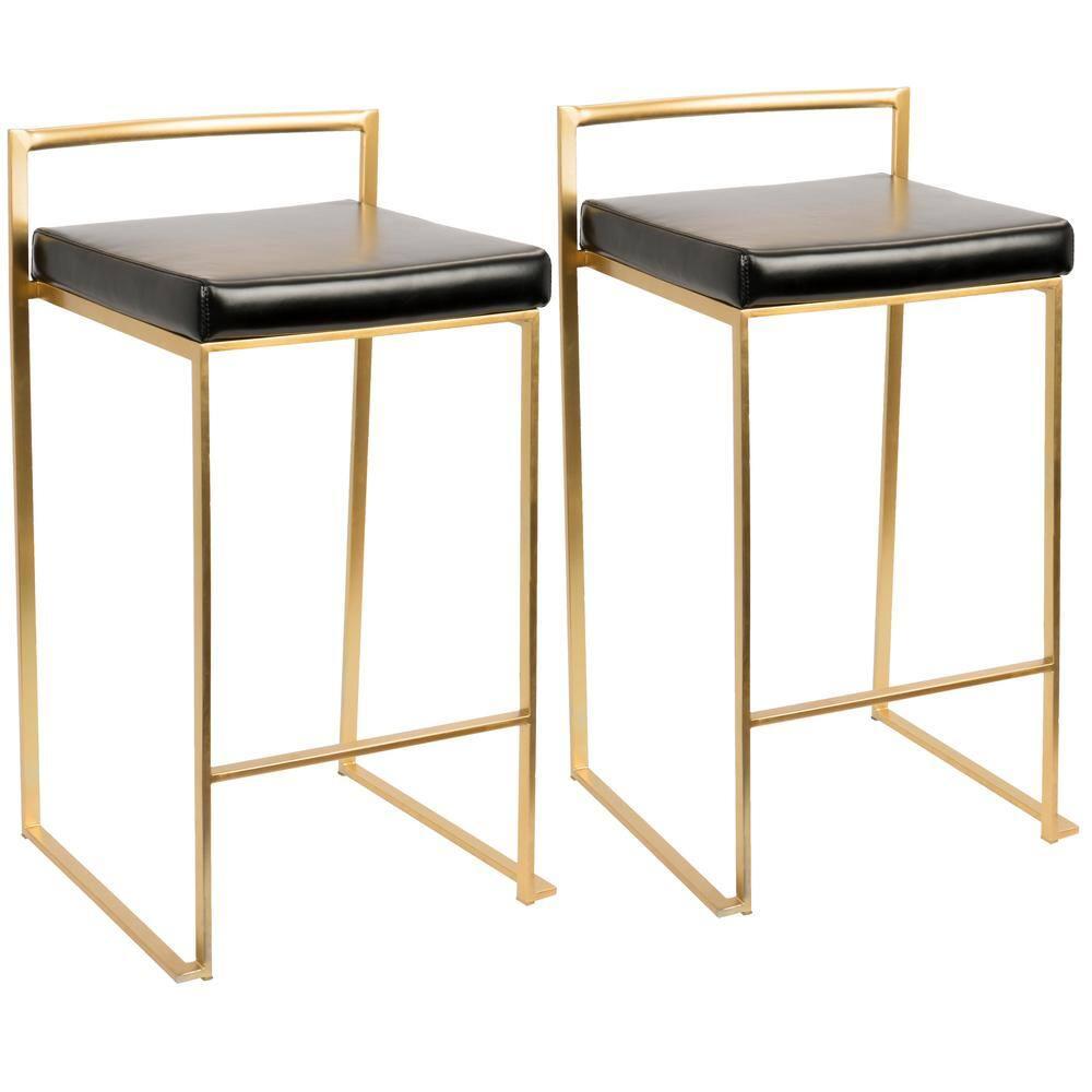 Set of 2 27" Fuji Contemporary Counter Height Barstool Black - Lumisource: Padded, Stackable, Metal Frame, Faux Leather