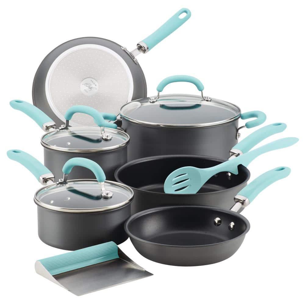 Rachael Ray Create Delicious 11pc Hard Anodized Nonstick Cookware Set Light Blue Handles