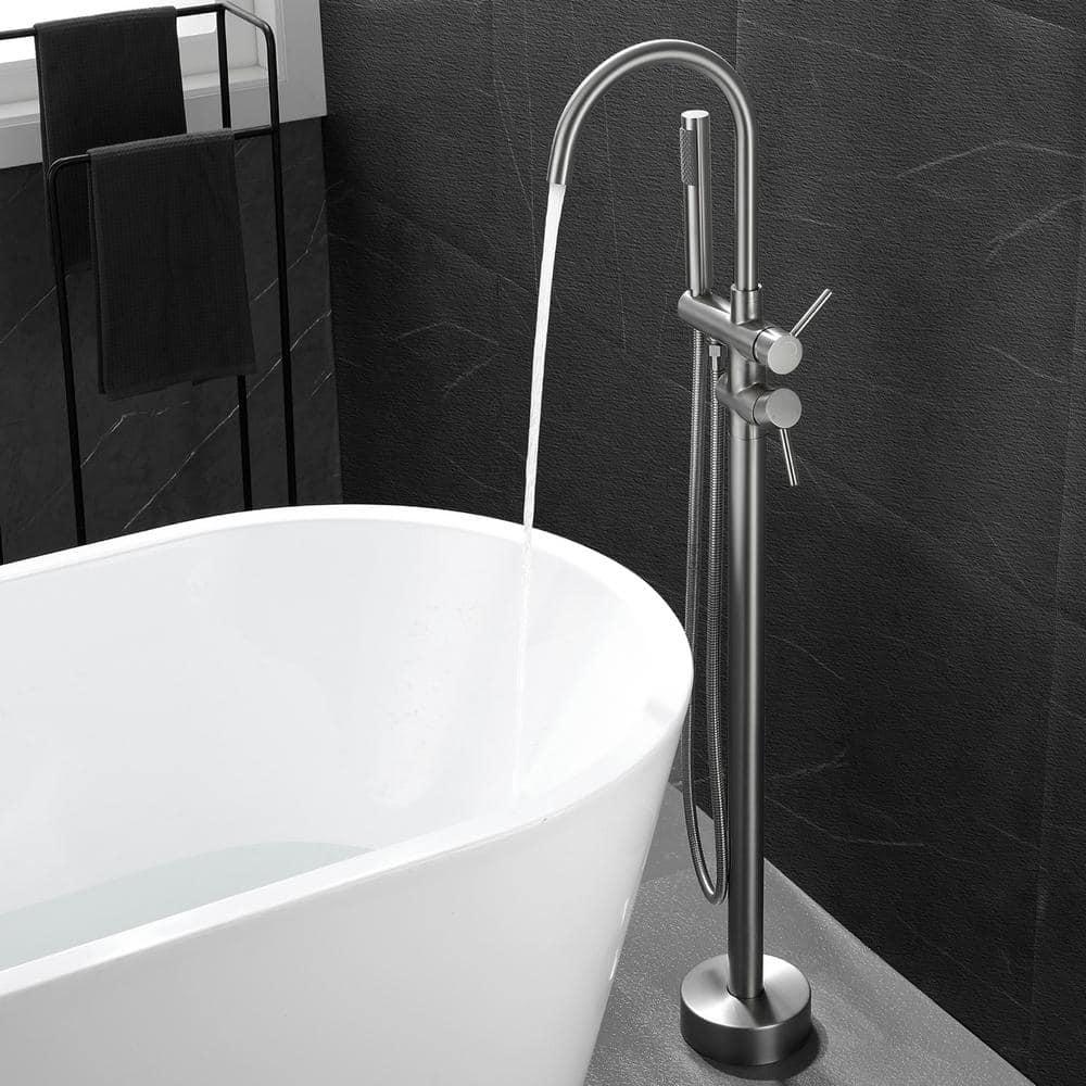 Double Handle Floor Mounted Freestanding Tub Filler With Handshower