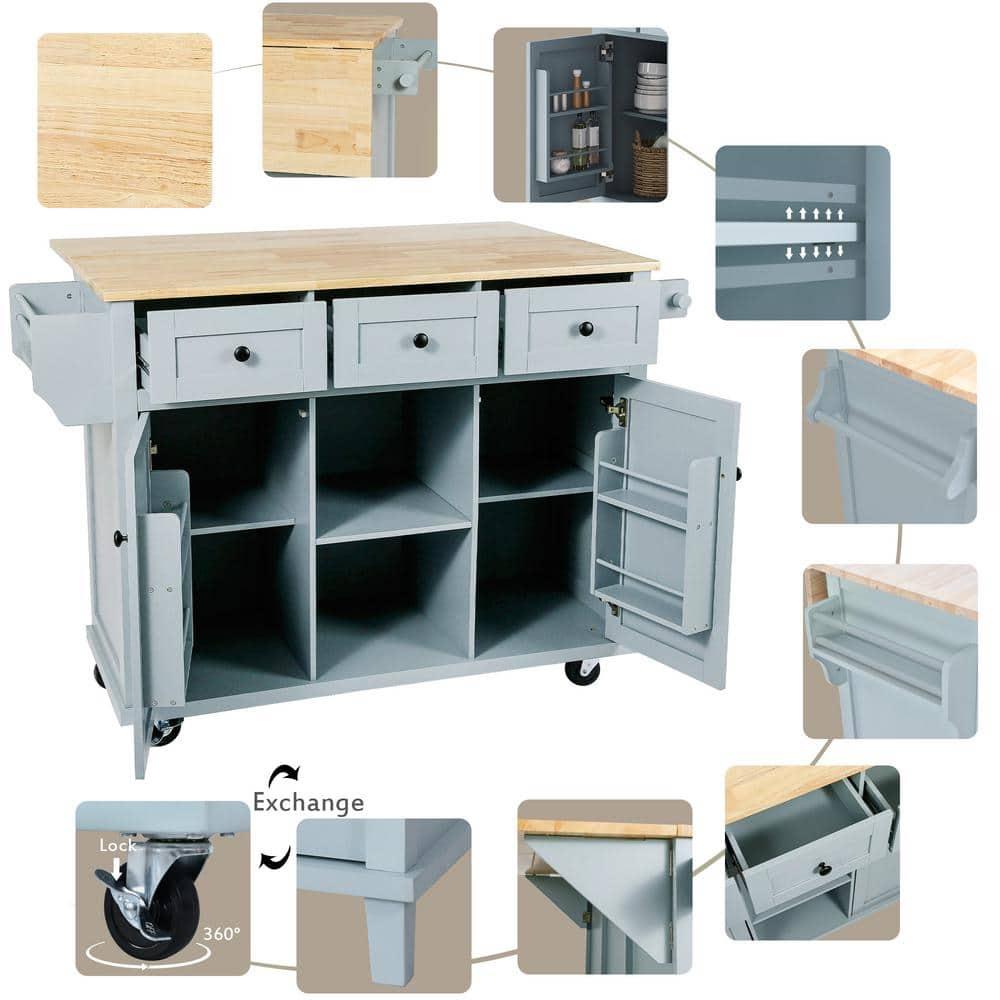 53.1" Kitchen Island Cart with Large Tabletop and Locking Wheels, Kitchen Trolley Cart with 4 Doors Cabinet & 2 Storage Drawers, Spice Rack & Towel Rack, Rolling Kitchen Island Cart, Grey Blue