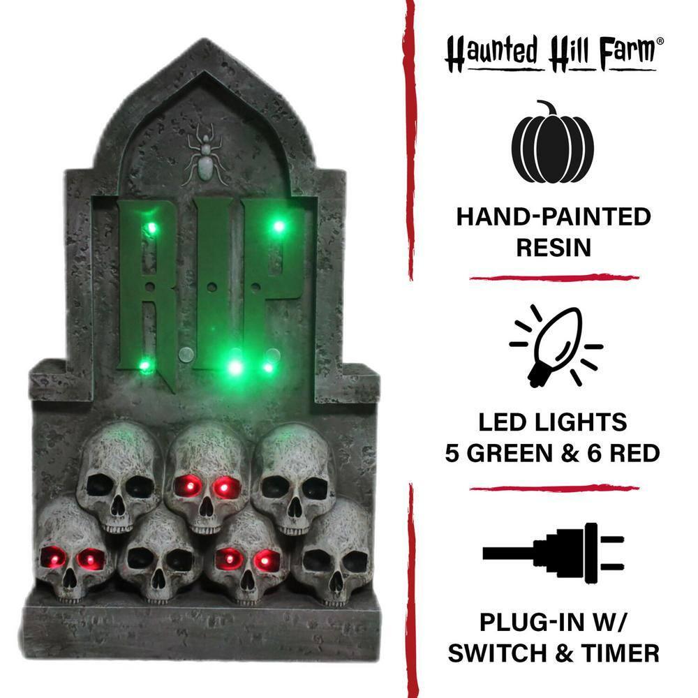 Haunted Hill Farm Haunted Hill Farm 2 ft. RIP Tombstone with Skulls, Pre-Lit LED RIP and Skull Eyes Gothic Décor