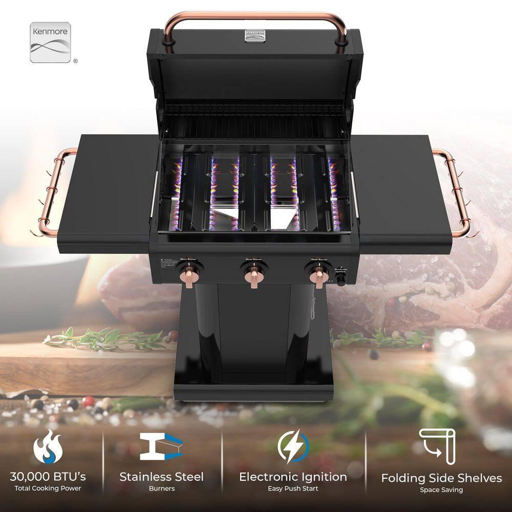 Kenmore 3-Burner Propane Gas Grill with Foldable Side Tables for Outdoor BBQ