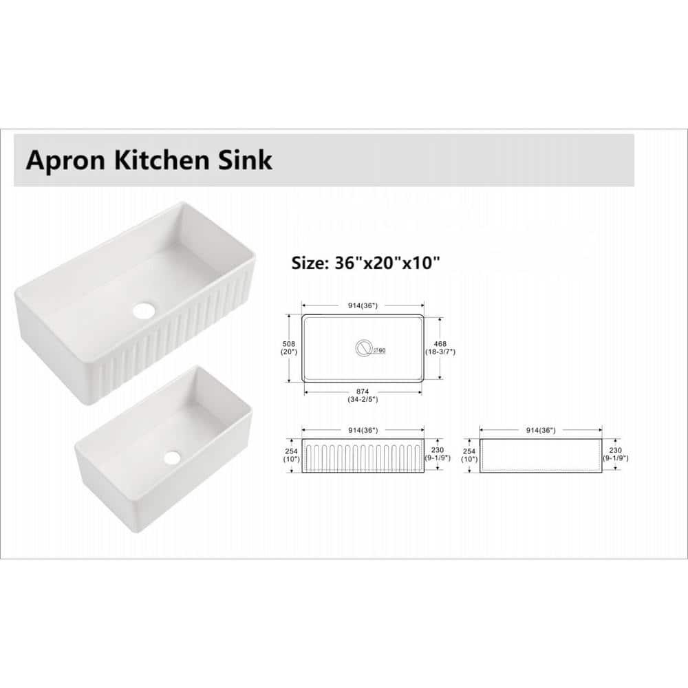 White Farmhouse Sink - 36 Inch White Ceramic Single Bowl Farm Kitchen Sink